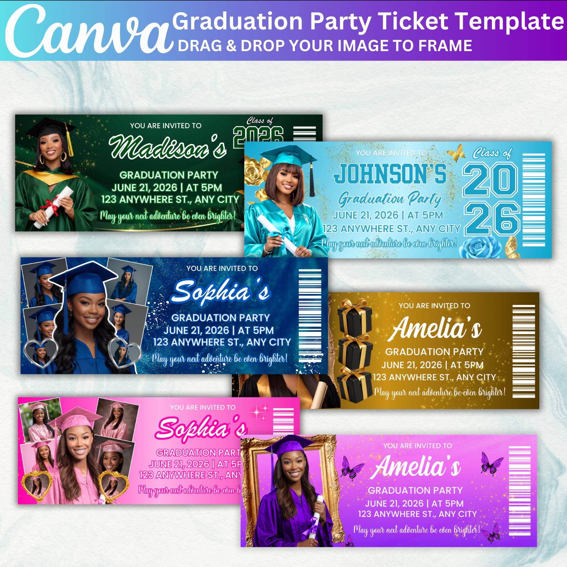Professional Grad Tickets 10 Graduation Party Ticket Template Bundle, Editable Canva Graduation ...