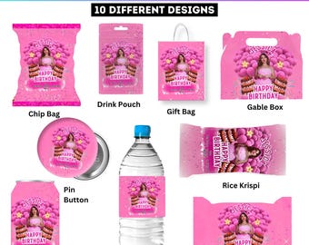 10X Canva Editable Birthday Party Favor Template, Pink Birthday Treat Bundle, Party Favor Custom Water Labels, Chip Bag Wrapper, Digitals