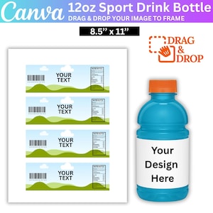 May include: A blue 12oz sport drink bottle with an orange cap, next to a sheet of labels. The labels have space for text, a barcode, and a nutrition facts section. The bottle has a white label with the text "Your Design Here".