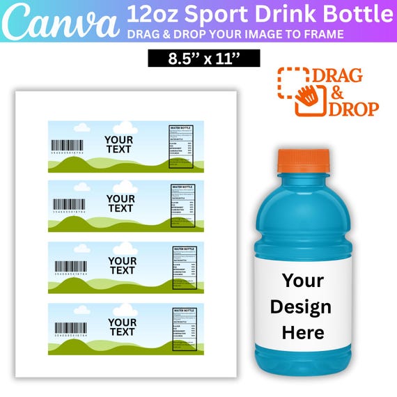 12oz Sport Drink bottle Labels Template, Canva Editable Sport Drink Template, 8.5"x11" Sheet, 12oz Sport Drink bottle Labels Printable