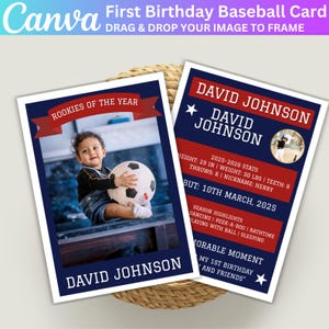 Modèle de toile de carte de joueur de baseball premier anniversaire, faire-part de fête de baseball modifiable, recrue de l'année 1er anniversaire, anniversaire de baseball