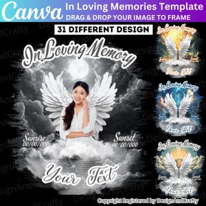 以下が含まれることがあります： 「In Loving Memory」のテキスト、天使の羽、雲、女性の画像が特徴の、記念デザイン用のデジタルテンプレート。カスタムテキストと日付用のスペースが含まれており、Canvaのロゴがあります。