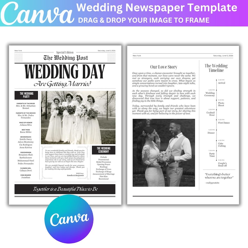 May include: A wedding newspaper template with a black and white design. The headline reads "WEDDING DAY Are Getting Married." The template includes sections for the wedding party, ceremony details, and a love story. The Canva logo is at the bottom.