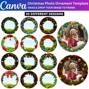 以下が含まれることがあります： 20種類の円形リースデザインを特徴とするCanvaクリスマス写真オーナメントテンプレート。各リースには緑の松の枝、赤いベリー、金のオーナメント、リボンが含まれています。テキストは「Canva Christmas Photo Ornament Template, DRAG & DROP YOUR IMAGE TO FRAME, 20 DIFFERENT DESIGNS」と書かれています。