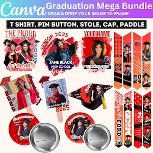 May include: A set of graduation party decorations featuring a red, black, and white color scheme. The set includes a t-shirt, pin button, stole, cap, and paddle. The decorations feature the text "Graduate" and "Class of 2025".