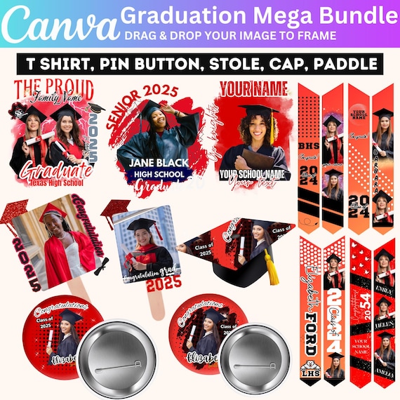 Grad School Shirt Template, 2025 Grad School Cap Designs, Graduation Stole Canva Designs, Graduate Pin Button, Grad Fan Paddle Template