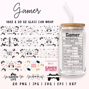 20 Gamer Libbey Glass SVG, Gamer Fuel Can Wrap, Video Game Controller svg, 16oz & 20oz Libbey Can Wrap, SVG Files for Cricut, Glassware svg