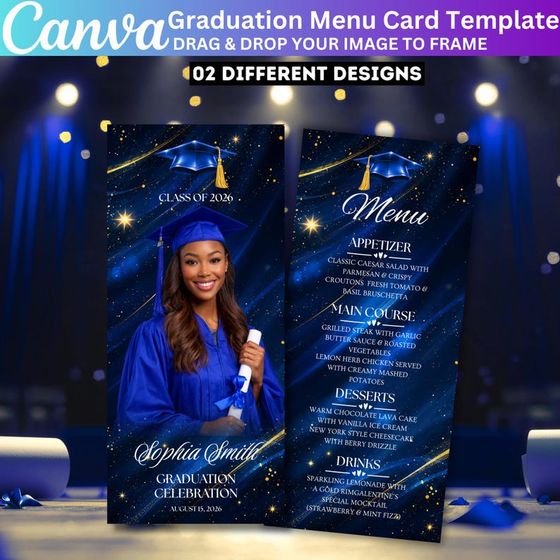 Blue Graduation Menu Template With Photo, Editable Canva Graduation ...