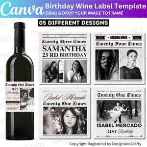 05 Birthday Wine Label Templates, Canva Editable Newspaper Birthday Wine Label Designs, Birthday Photo 21st, 30th, DIY Printable Sticker