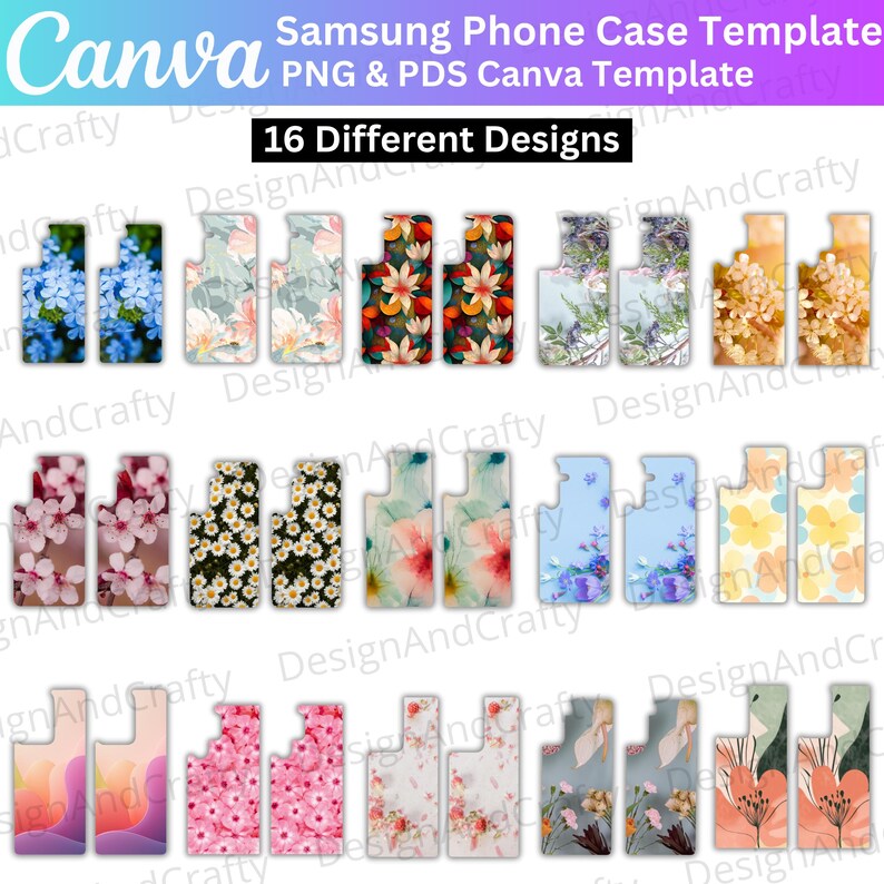 Op de afbeelding: Een verzameling van 16 Samsung telefoonhoesjes templates met diverse bloemen en abstracte ontwerpen. De hoesjes tonen kleurrijke patronen van bloemen, bladeren en aquareleffecten. De tekst bovenaan luidt "Samsung Phone Case Template" en "16 Different Designs."