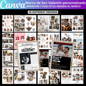 Könnte beinhalten: Eine Auswahl von 40 verschiedenen Designs für Valentinstags-Fotorahmen. Die Designs bieten Platz für Fotos und Text. Die Designs beinhalten Herzformen und romantische Themen. Der Text "Marco de San Valentín personalizado" ist sichtbar.