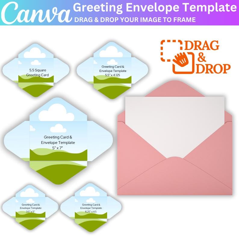 May include: A pink envelope with a white card inside, next to several greeting card and envelope templates. The templates are diamond-shaped with sky and landscape designs, and various sizes, including 5.5" x 4.125" and 5" x 7". The Canva logo is at the top.
