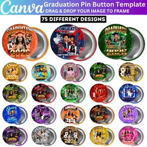 Op de afbeelding: Een verzameling afstudeer-pin-button-sjablonen met diverse ontwerpen. Elke button toont een foto, het jaar 2026 en de woorden "Graduation" of "Senior". De buttons hebben verschillende kleurenschema's en ontwerpen.