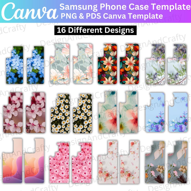 Op de afbeelding: Een verzameling van 16 Samsung telefoonhoesjes templates met diverse bloemen en abstracte ontwerpen. De hoesjes tonen kleurrijke patronen, waaronder blauwe bloemen, roze bloesems en aquareleffecten. De tekst "Canva" en "16 Different Designs" is inbegrepen.