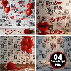 May include: A collection of four backdrops with a romantic theme. The backdrops feature newspaper print backgrounds with red heart-shaped balloons, rose bouquets, and the words "Love" and "Be Mine".