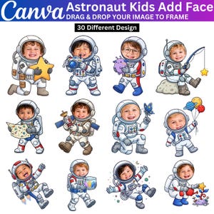 May include: A digital collection of 30 different astronaut-themed illustrations featuring white space suits with open helmet visors for inserting children's faces. The characters are depicted in various poses, including holding stars, cameras, planets, and tools.