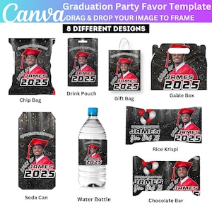 8X Graduation Party Favor Canva Editable Template, Black Grad Treat Bag Designs, Custom Water Labels, Chip Bag, Gable Box, Wrapper Designs