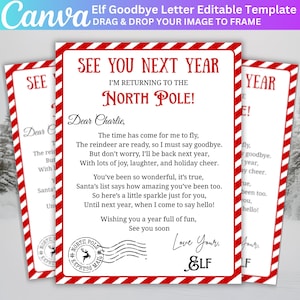 May include: A red and white letter template with the text "See You Next Year" and "North Pole". The letter has a red border and includes a message from an elf, ideal for holiday greetings.