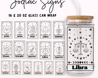 Puede incluir: Diseño digital en blanco y negro con los 12 signos del zodíaco. Cada signo se representa en un cuadrado con una ilustración estilizada y el nombre del signo debajo. El diseño está pensado para usarse como envoltorio de lata de vidrio de 16 o 20 onzas.