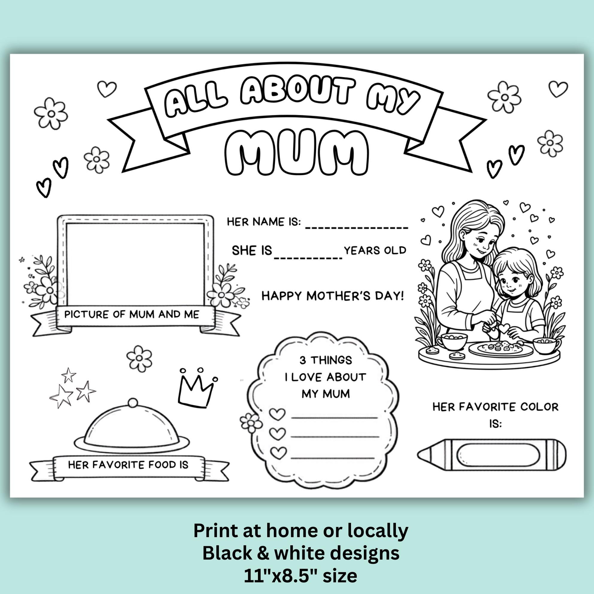Mother’s Day Activity Sheet Printable, All About Mom Placemat, Kids DIY ...