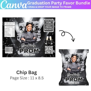 Puede incluir: Un paquete de recuerdos para fiestas de graduaci&oacute;n con un dise&ntilde;o de bolsa de patatas fritas. El dise&ntilde;o incluye una foto de una persona, el texto "Sophia's PROM" y las palabras "Send Off". La bolsa mide 27,9 x 21,6 cm.