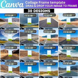 May include: A collage of 30 different designs for car air fresheners. Each design features a scenic road with a green rectangle in the center for adding a personalized image. The text "30 DESIGNS" is at the top of the collage.