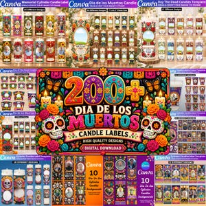 May include: A digital collection of Dia de los Muertos candle labels featuring 200 designs with colorful sugar skulls, marigold flowers, butterflies, and decorative borders. The graphic includes the text Dia de los Muertos Candle Labels.