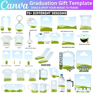 May include: A Canva graduation gift template with various design options. The image showcases items like stoles, keychains, badge pins, acrylics, pillows, chip bags, t-shirts, graduation hats, socks, yard signs, and mugs. The text includes "70+ DIFFERENT DESIGNS" and "Graduation Gift Template".