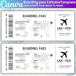 Op de afbeelding: Twee instapkaarten met de tekst "Boarding Pass" en vluchtgegevens. De kaarten bevatten de naam van de passagier, de bestemming, de datum, de tijd, de stoel en het vluchtnummer. De bestemming is Rome, Italië, en de vlucht is van Los Angeles naar Rome.