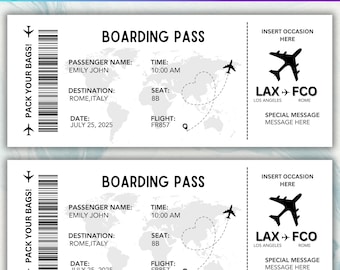 Könnte beinhalten: Zwei Bordkarten mit dem Text "Boarding Pass" und Flugdetails. Die Karten enthalten den Namen des Passagiers, das Ziel, das Datum, die Uhrzeit, den Sitzplatz und die Flugnummer. Das Ziel ist Rom, Italien, und der Flug geht von Los Angeles nach Rom.