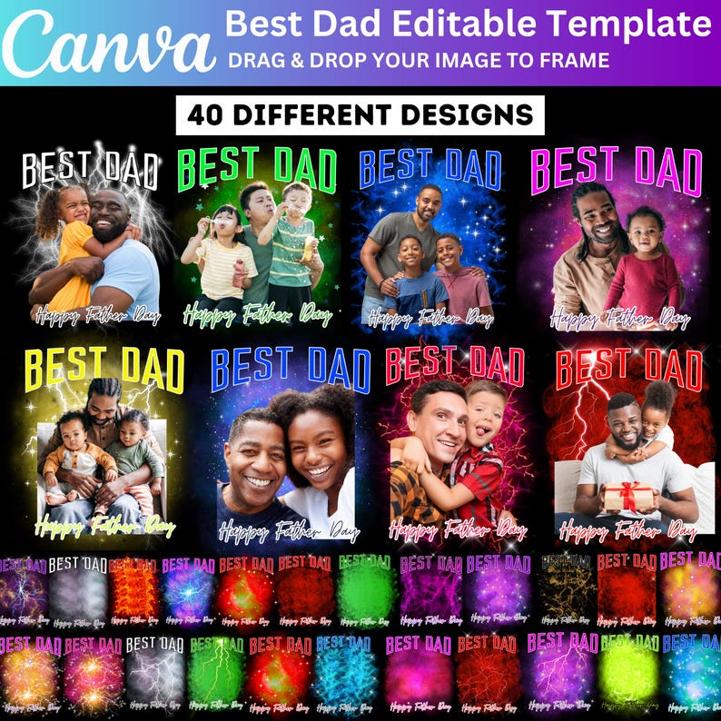 K&ouml;nnte beinhalten: Werbebild f&uuml;r eine Canva-Vorlage. Das Bild zeigt den Text "Best Dad" in verschiedenen Farben und Designs, mit dem Satz "Happy Father's Day" darunter. Die Vorlage bietet 40 verschiedene Designoptionen.