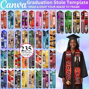 May include: A collection of graduation stole templates with various designs, colors, and text, including the year 2026. The image features a woman wearing a graduation gown and a stole with the text "Class of 2026". The Canva logo is visible.