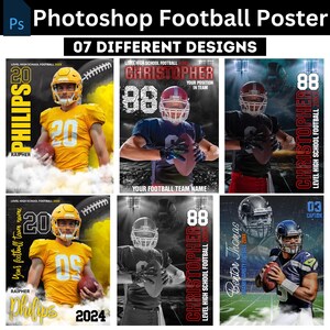 May include: Seven different designs for a football poster featuring a player in a football uniform. The posters have a black background with a red, white, and blue color scheme. The posters include the player's name, number, and position. The posters also include the team name and the year.