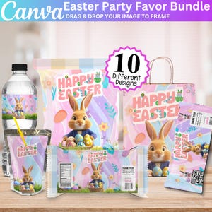 May include: An Easter party favor bundle featuring a cartoon bunny holding Easter eggs. The bundle includes water bottle labels, treat bags, and a gift bag, all with a pastel color scheme and the text "Happy Easter". The image also includes the text "10 Different Designs".