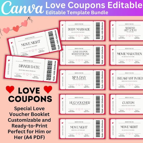 Fun Love Coupon Canva Editable Book, Valentine's Day Coupons, Canva Love Coupons, Gift for Him, Fill Your Text Husband Gift, Romantic Love