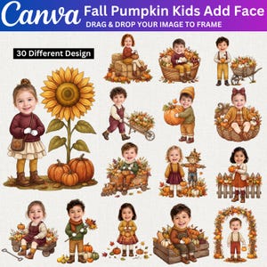 Könnte beinhalten: Eine digitale Sammlung von 30 herbstlichen Illustrationen mit Kindern mit anpassbaren Gesichtern, Kürbissen, Sonnenblumen, Bollerwagen und Ernteszenen. Der Text lautet Canva Fall Pumpkin Kids Add Face und 30 Different Design.