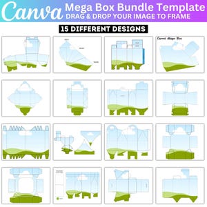 May include: A Canva template image featuring 15 different box designs. Each design is shown as a flat, unfolded template with a blue sky and green landscape background. The text "Mega Box Bundle Template" and "15 Different Designs" is visible.