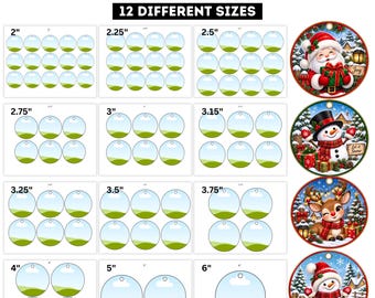 Pode incluir: Um modelo de ornamento redondo Canva com 12 tamanhos diferentes variando de 2 a 6 polegadas. O layout inclui molduras circulares para arrastar e soltar imagens, além de quatro exemplos de ornamentos exibindo ilustrações de Papai Noel, bonecos de neve e uma rena.