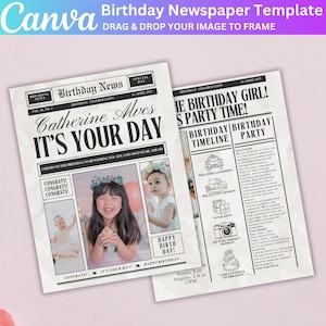 以下が含まれることがあります： 白黒のデザインの誕生日新聞テンプレート。テンプレートには、「Birthday News」という見出しと、「Catherine Alves It's Your Day」という副題が記載されています。テンプレートには、少女の写真と誕生日パーティーのタイムラインも含まれています。