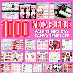 Valentine's Day Canva Template Mega Bundle, Editable Galentines, Love Coupons, T-Shirt, Loveflix Movie Poster, Valentine Tumbler & 6 7 Cards