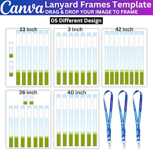 Può includere: Un modello di cornici per cordini Canva con cinque diversi design etichettati 33 inch, 3 inch, 42 inch, 36 inch e 40 inch. La grafica include cornici rettangolari verticali con segmenti blu e verdi e tre cordini blu con clip in metallo.