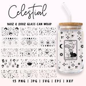 O vidro Celestial Sun and Moon Libbey pode embrulhar, pacote svg de cristal místico de 16 onças e 20 onças, Mystical Magic Libbey Full Wrap Svg, místico svg png