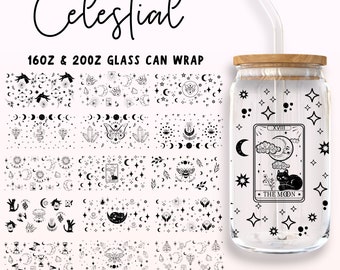 Envoltura para lata de vidrio Libbey Sol Celestial y Luna, paquete SVG de cristales místicos de 16 oz y 20 oz, envoltura completa Libbey Magia Mística SVG, SVG PNG místico