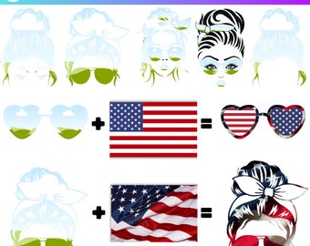 May include: A digital template for creating a personalized design featuring a woman with a bun hairstyle. The template includes a blank image of the woman, a US flag, and a pair of heart-shaped sunglasses. The user can drag and drop their own image or video into the template to create a unique design.
