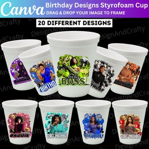 Sjabloon voor 20 verjaardag piepschuim beker, canva bewerkbare verjaardag borrelglas, verjaardag piepschuim beker sublimatie, verjaardag foto shirt sjabloon