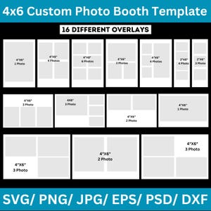 Pode incluir: Gráfico mostrando 16 modelos diferentes de cabine de fotos para impressões 4x6. Cada modelo mostra um layout diferente e o número de fotos. O texto "4x6 Custom Photo Booth Template" e as opções de formato de arquivo estão incluídas.