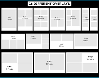 May include: A graphic showing 16 different photo booth templates with various layouts for 4x6 prints. Each template is labeled with the number of photos and dimensions. The image includes the text "4x6 Custom Photo Booth Template" and file format options.