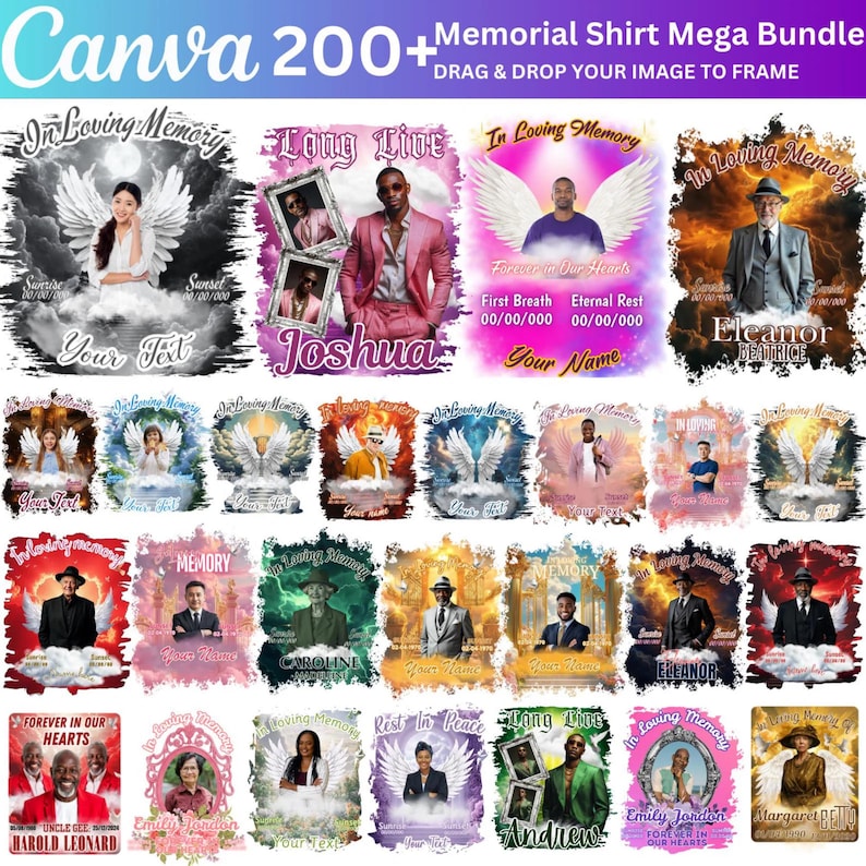 May include: A collection of memorial shirt designs with angel wings, portraits, and text. The designs feature phrases like "In Loving Memory," "Long Live," and "Forever in Our Hearts." The image includes the text "Canva 200+ Memorial Shirt Mega Bundle."