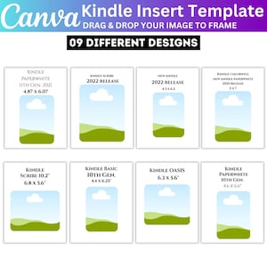 Könnte beinhalten: Eine Canva Kindle Insert Vorlage mit neun verschiedenen Designs. Jedes Design zeigt eine rechteckige Vorlage mit einer Landschaftsgrafik. Der Text enthält "Kindle Paperwhite", "Kindle Scribe" und Abmessungen in cm.