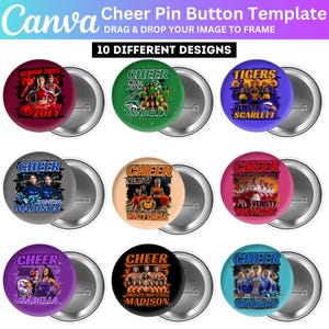 May include: A collection of ten cheerleading pin button designs. Each button features a unique design with team names, cheerleader names, and the word "CHEER". The buttons are in various colors, including red, green, purple, and blue.